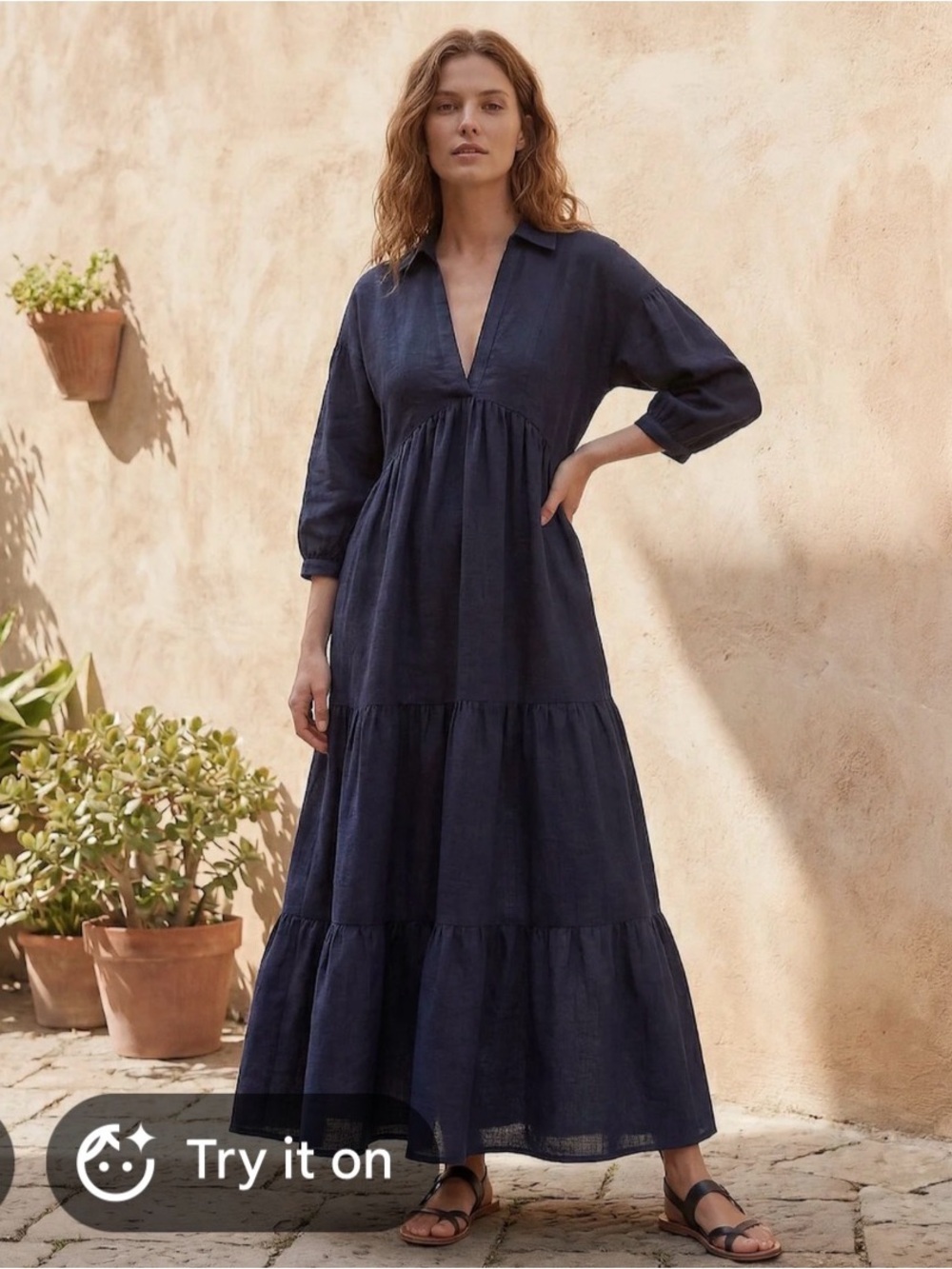 Wayf Navy V-Neck Tiered Maxi Dress